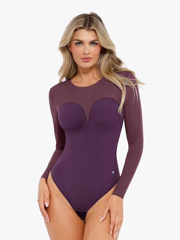 Shapewear Mock Neck Long Sleeve Floral Lace Bodysuit - Modefluss