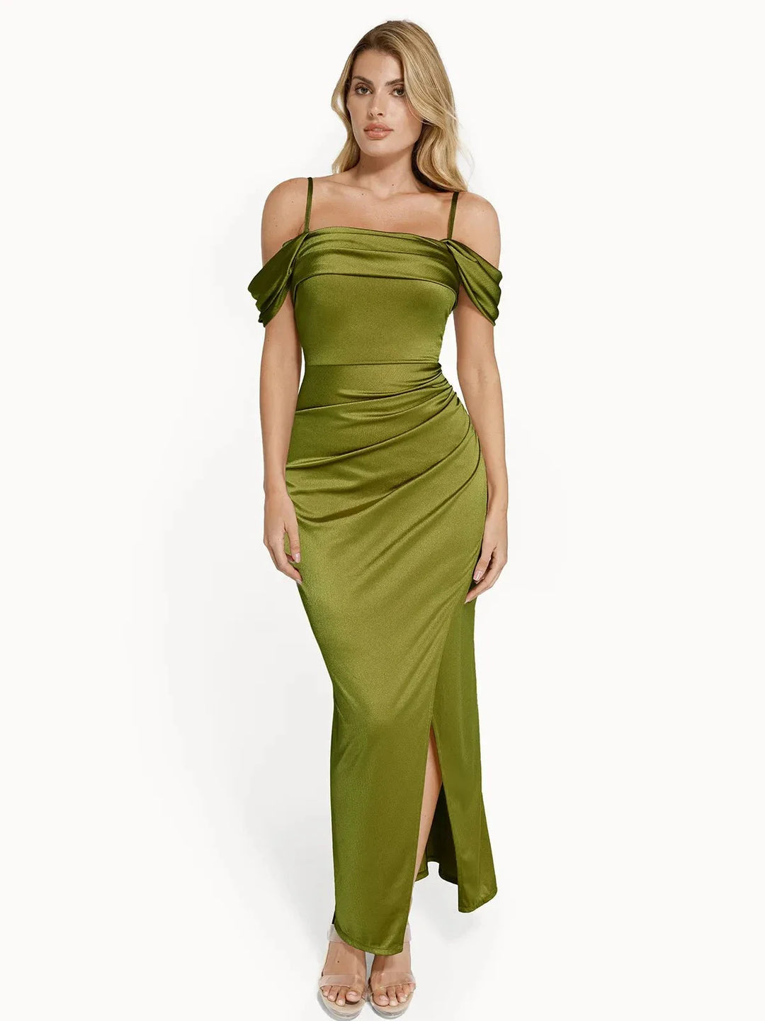 Shapewear Off Shoulder Shine Ruched Sculpting Maxi Dress - Modefluss