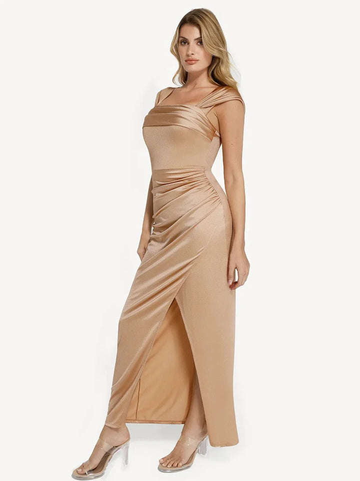 Shapewear Off Shoulder Shine Ruched Sculpting Maxi Dress - Modefluss