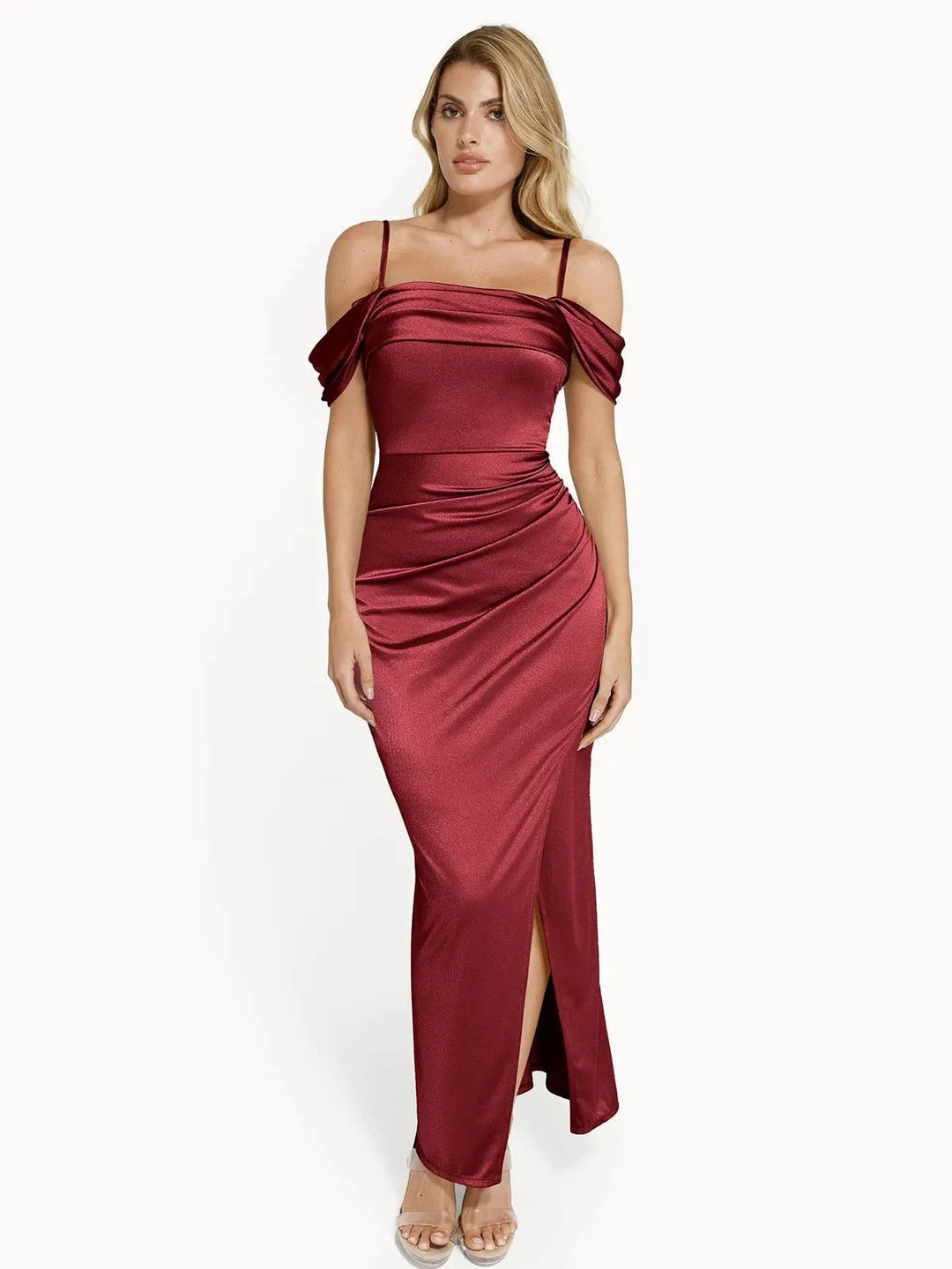 Shapewear Off Shoulder Shine Ruched Sculpting Maxi Dress - Modefluss