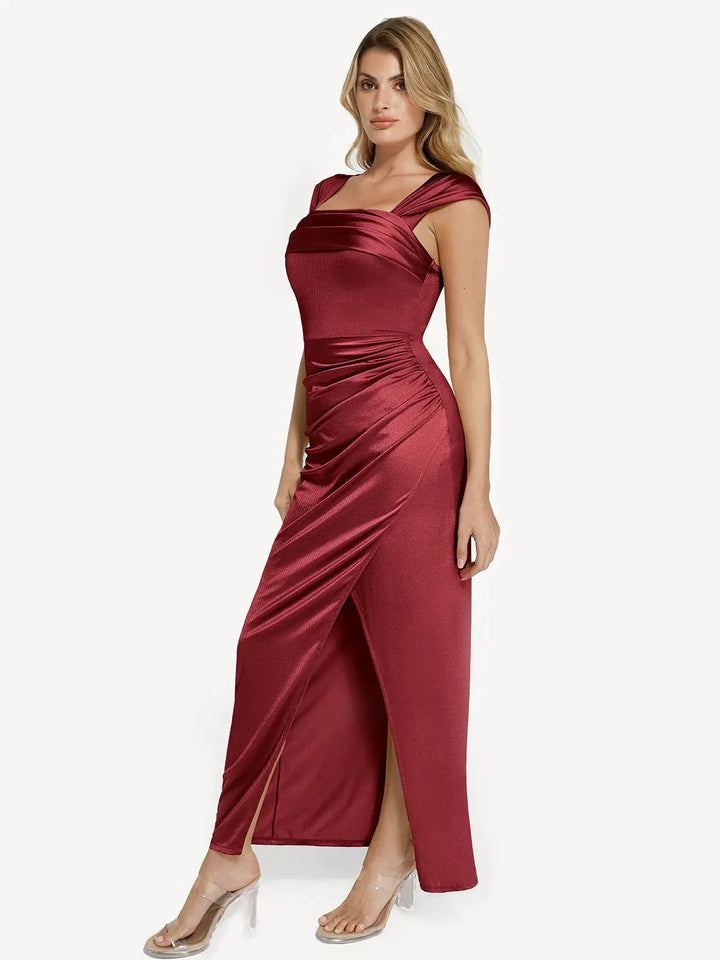 Shapewear Off Shoulder Shine Ruched Sculpting Maxi Dress - Modefluss