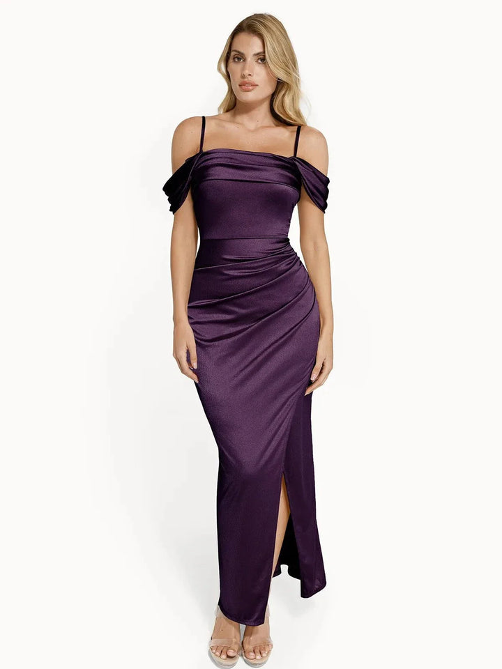 Shapewear Off Shoulder Shine Ruched Sculpting Maxi Dress - Modefluss