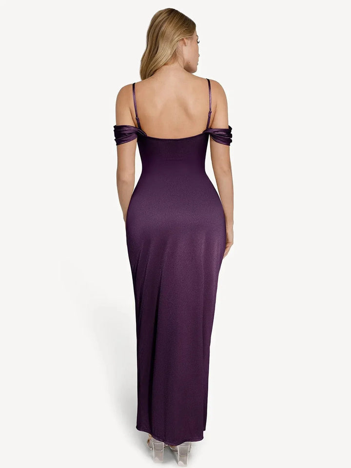 Shapewear Off Shoulder Shine Ruched Sculpting Maxi Dress - Modefluss