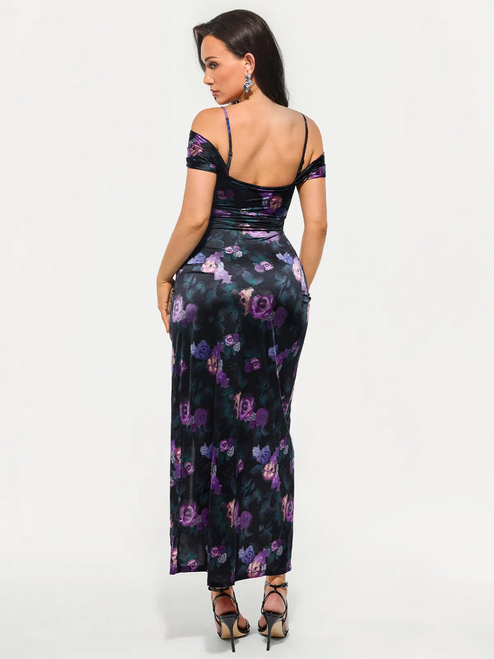Shapewear Off Shoulder Shine Ruched Sculpting Maxi Dress - Modefluss