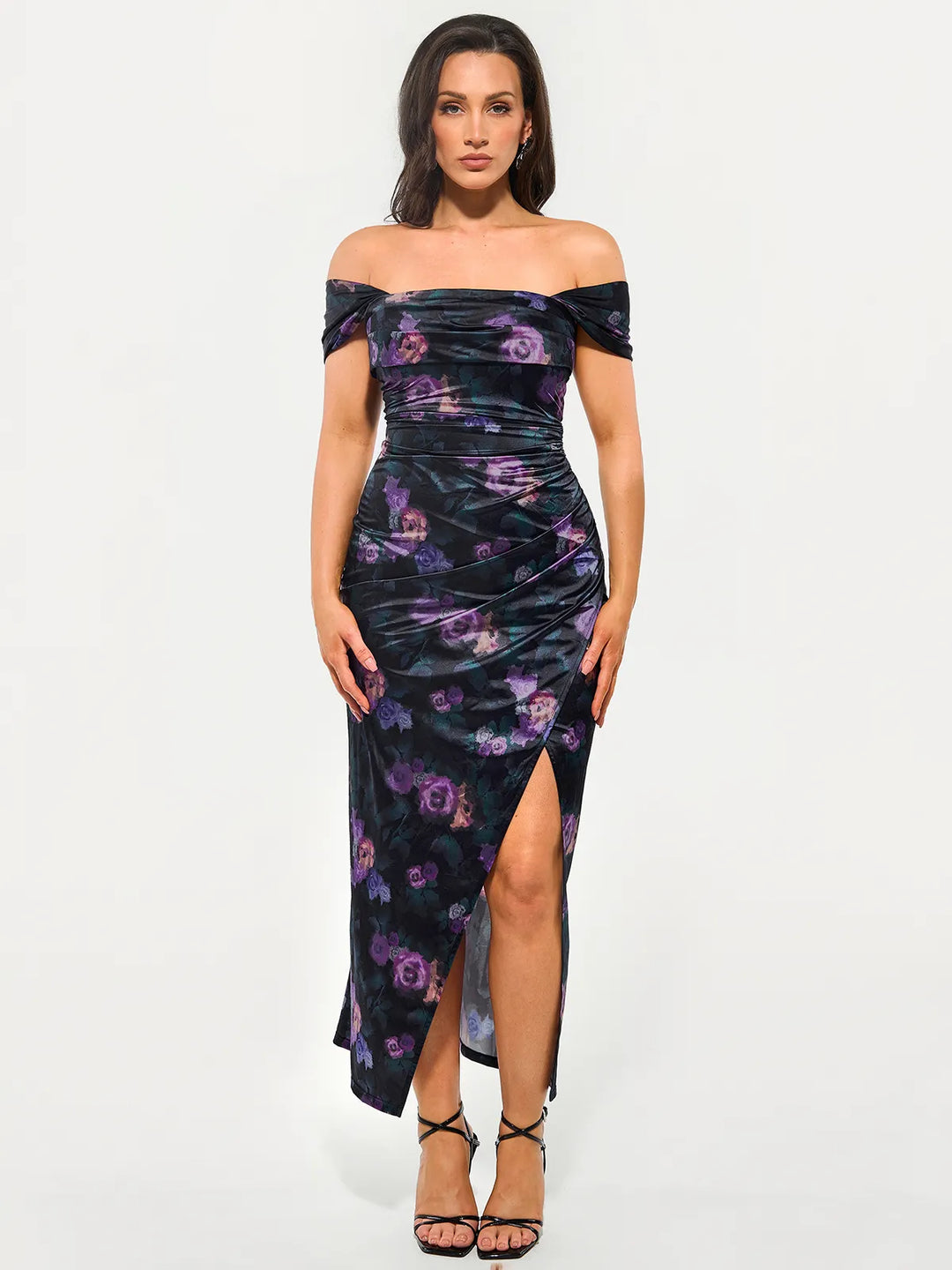 Shapewear Off Shoulder Shine Ruched Sculpting Maxi Dress - Modefluss