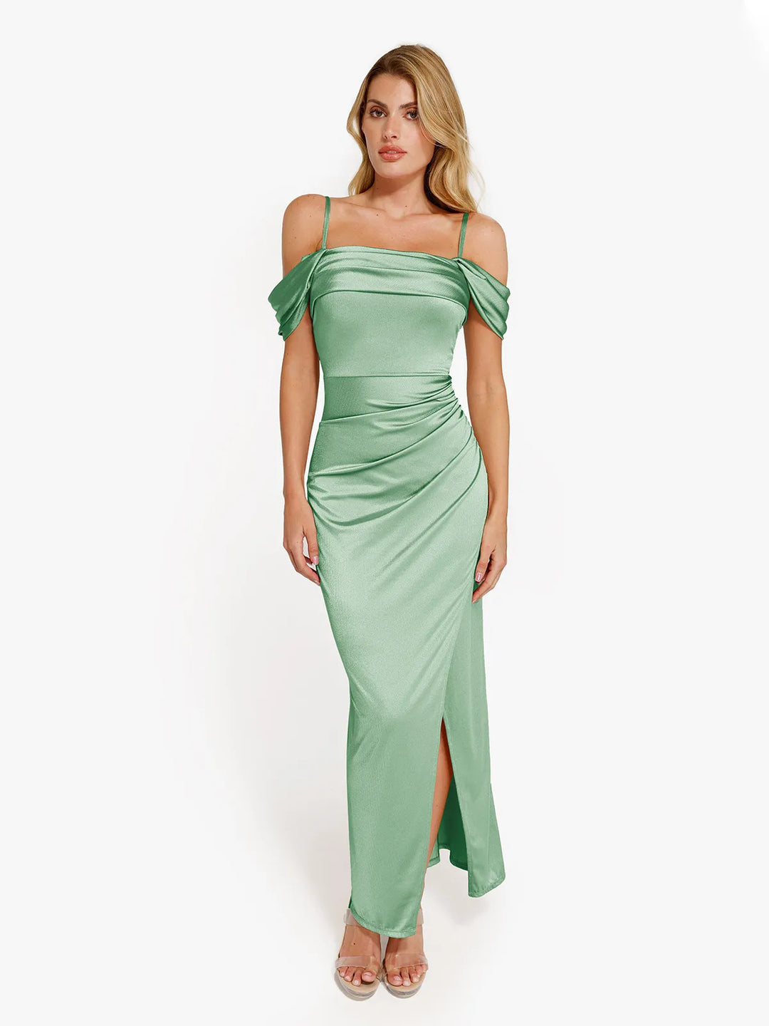 Shapewear Off Shoulder Shine Ruched Sculpting Maxi Dress - Modefluss