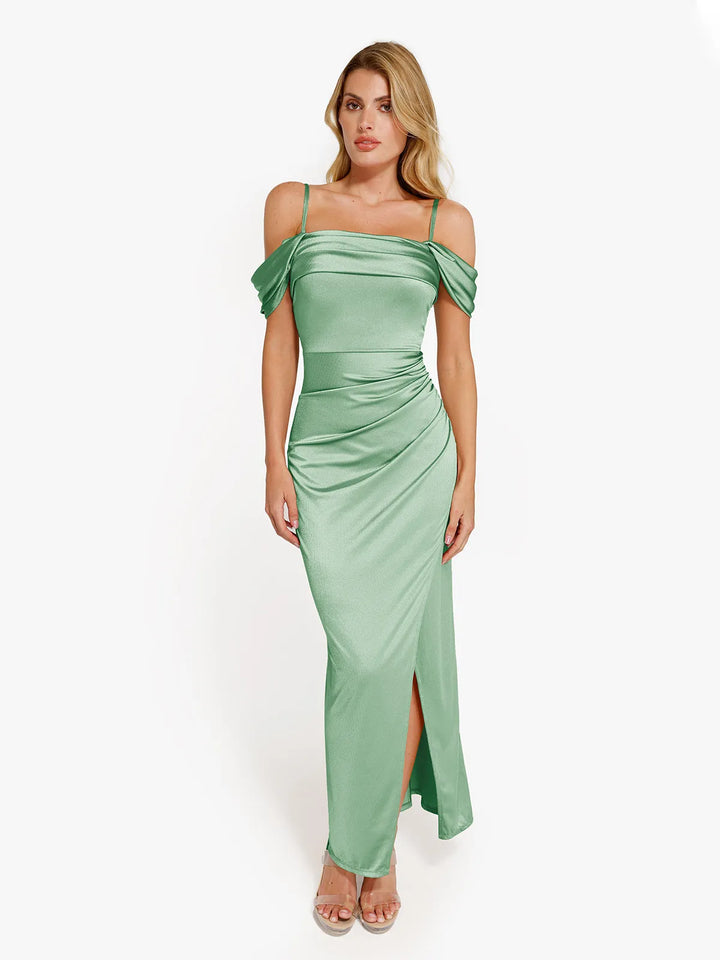 Shapewear Off Shoulder Shine Ruched Sculpting Maxi Dress - Modefluss