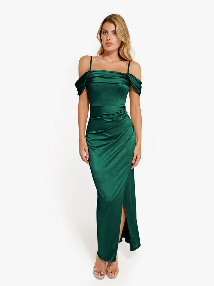 Shapewear Off Shoulder Shine Ruched Sculpting Maxi Dress - Modefluss