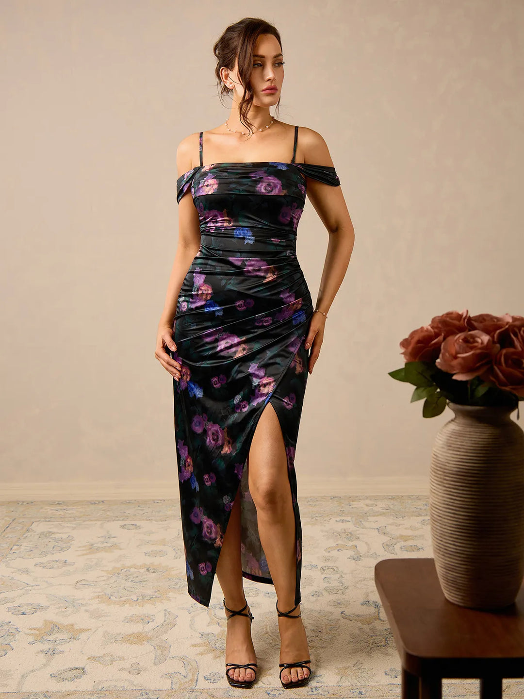 Shapewear Off Shoulder Shine Ruched Sculpting Maxi Dress - Modefluss