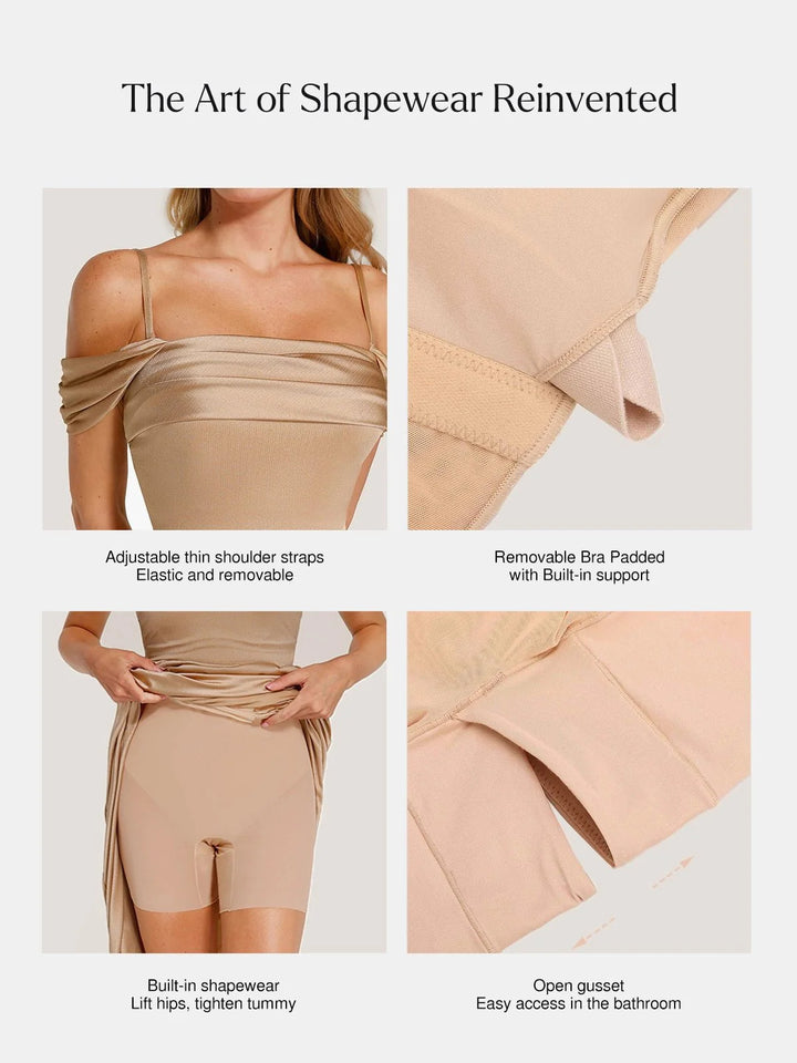 Shapewear Off Shoulder Shine Ruched Sculpting Maxi Dress - Modefluss