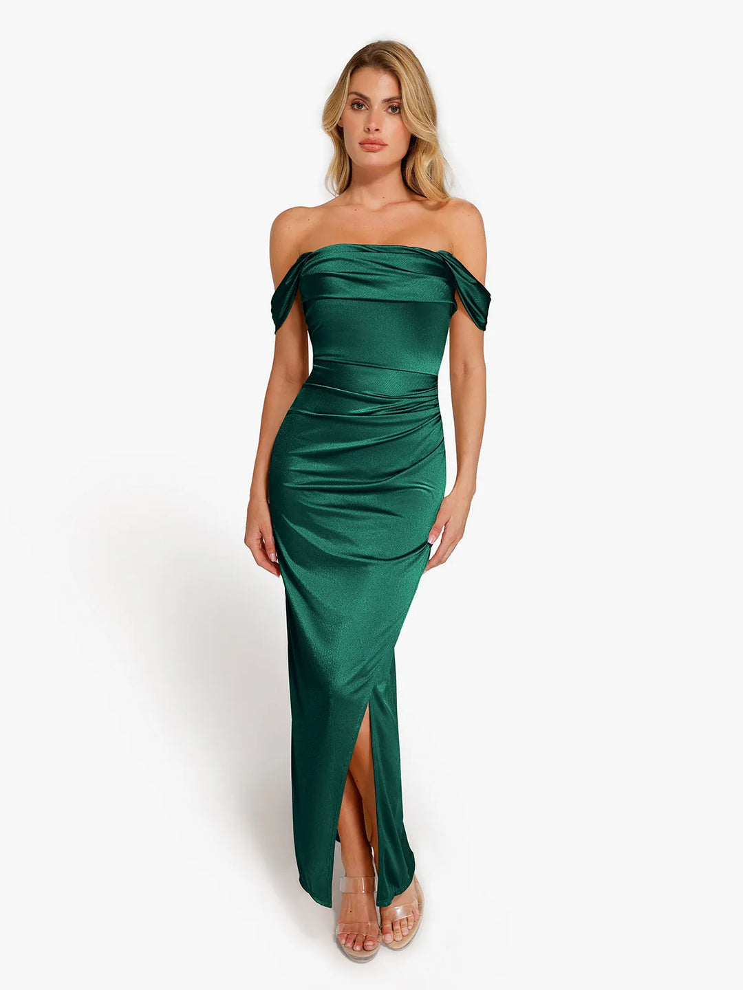 Shapewear Off Shoulder Shine Ruched Sculpting Maxi Dress - Modefluss