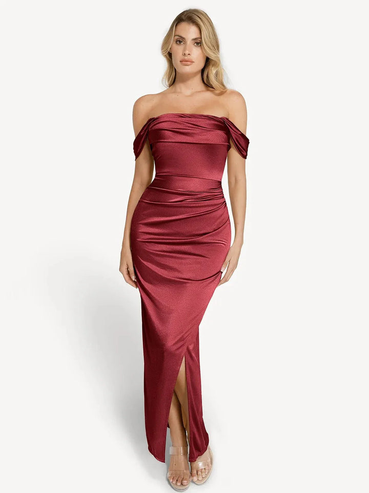 Shapewear Off Shoulder Shine Ruched Sculpting Maxi Dress - Modefluss