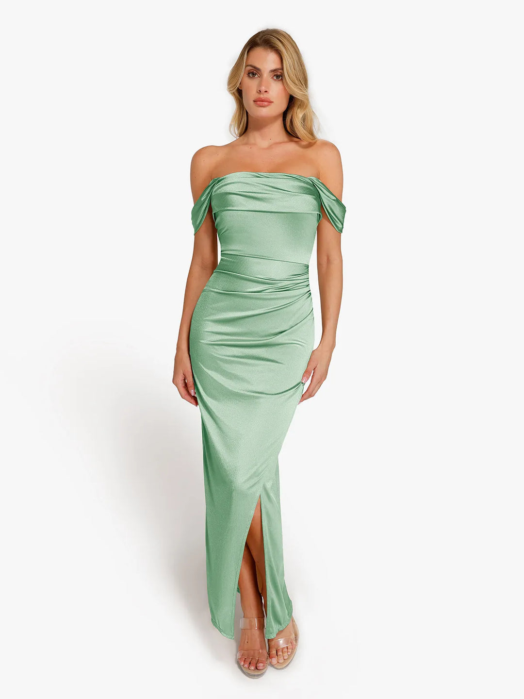 Shapewear Off Shoulder Shine Ruched Sculpting Maxi Dress - Modefluss