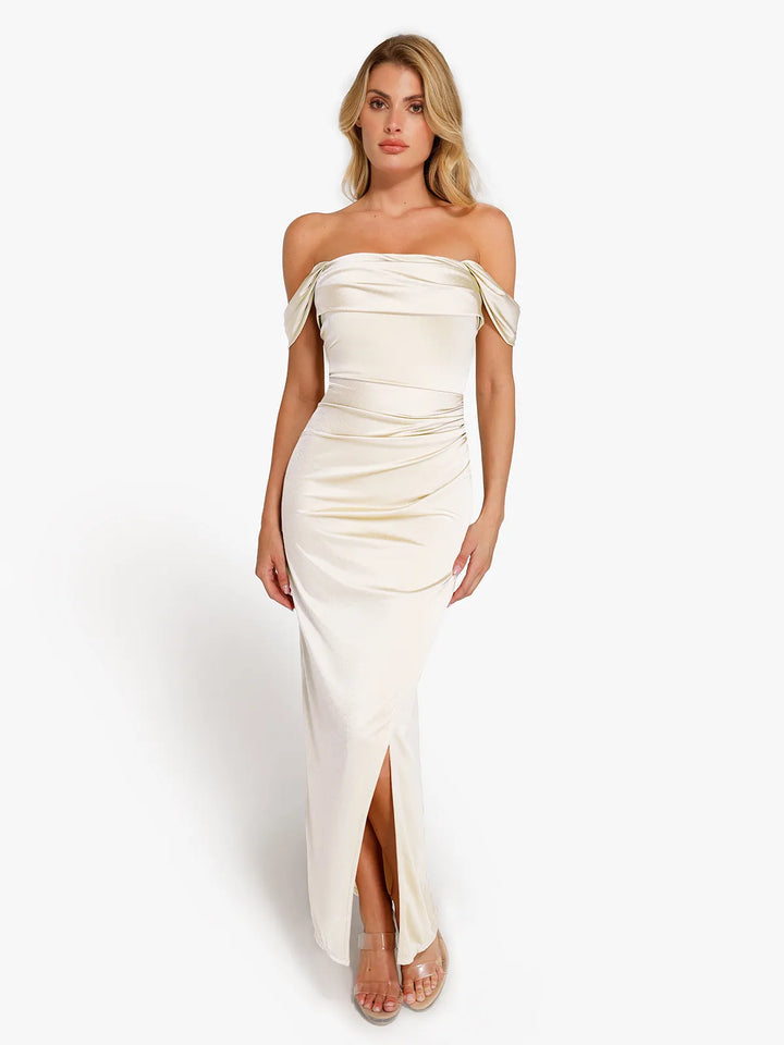 Shapewear Off Shoulder Shine Ruched Sculpting Maxi Dress - Modefluss
