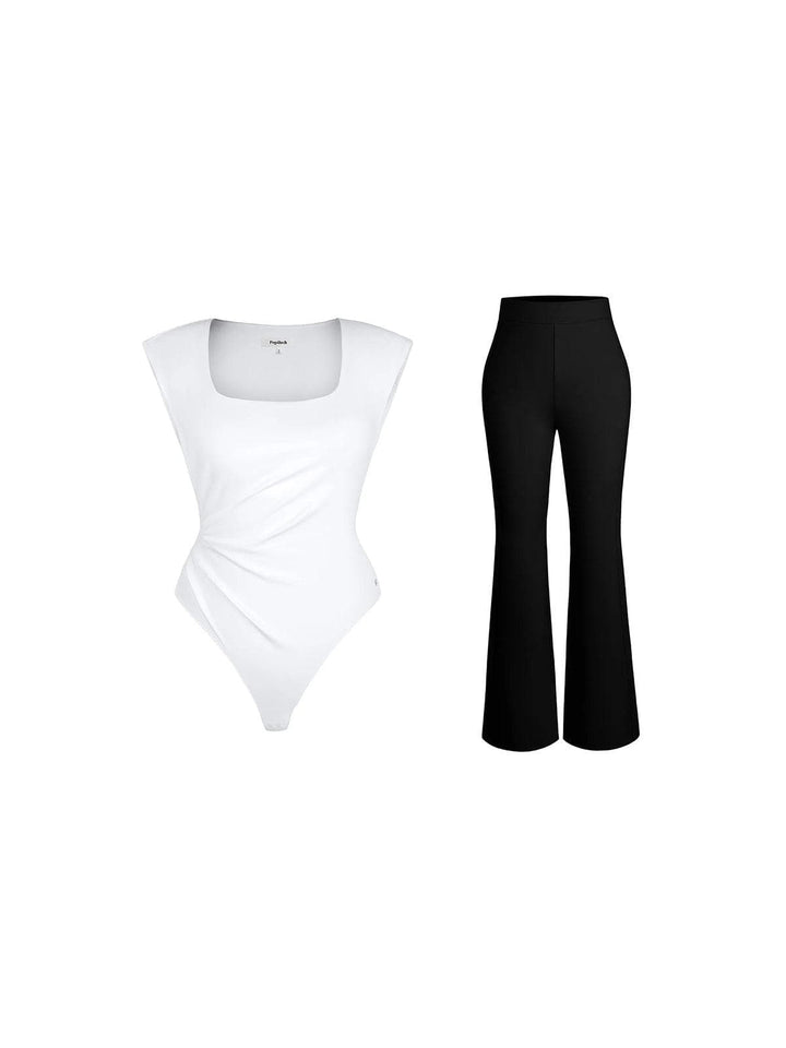 Shapewear Padded Shoulder Slimming Bodysuit Flare-Leg Pants Set - Modefluss