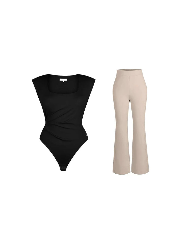 Shapewear Padded Shoulder Slimming Bodysuit Flare-Leg Pants Set - Modefluss