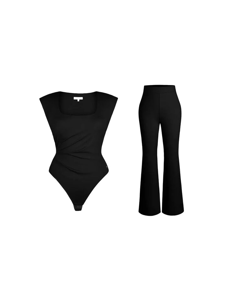 Shapewear Padded Shoulder Slimming Bodysuit Flare-Leg Pants Set - Modefluss