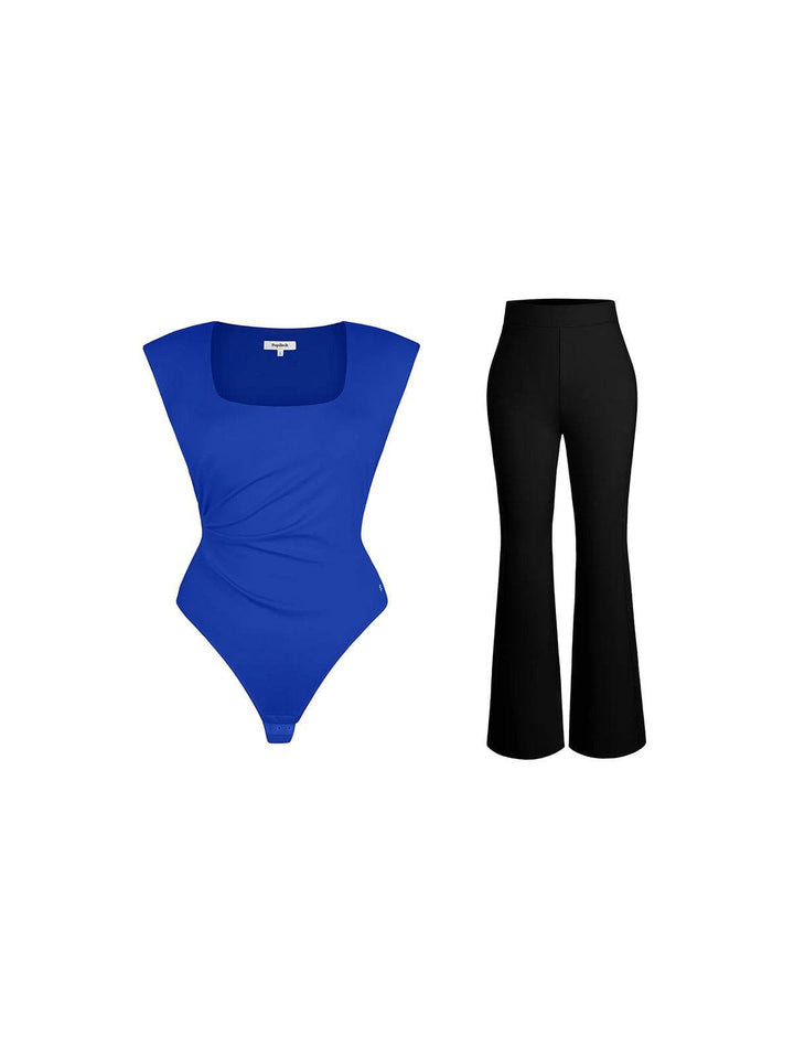 Shapewear Padded Shoulder Slimming Bodysuit Flare-Leg Pants Set - Modefluss