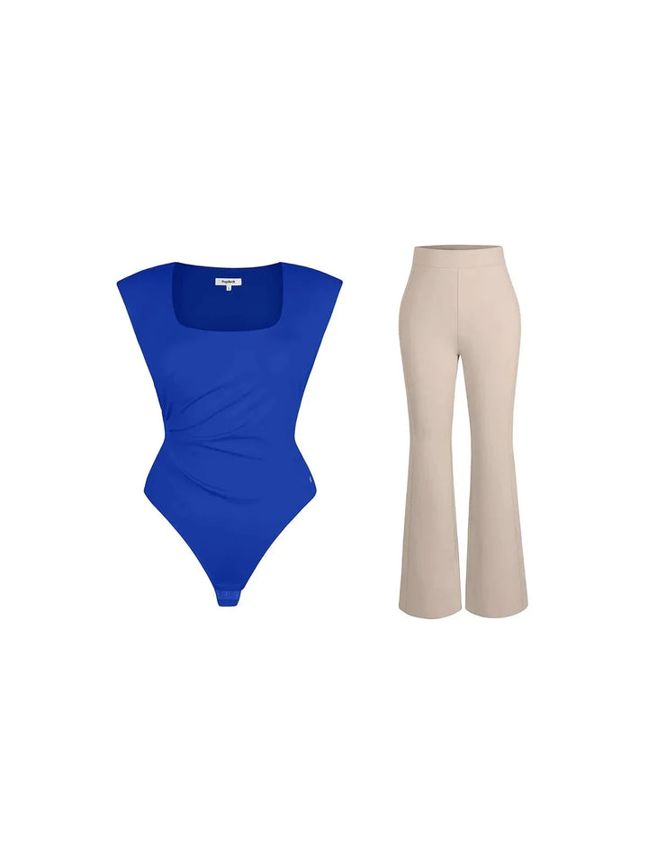Shapewear Padded Shoulder Slimming Bodysuit Flare-Leg Pants Set - Modefluss