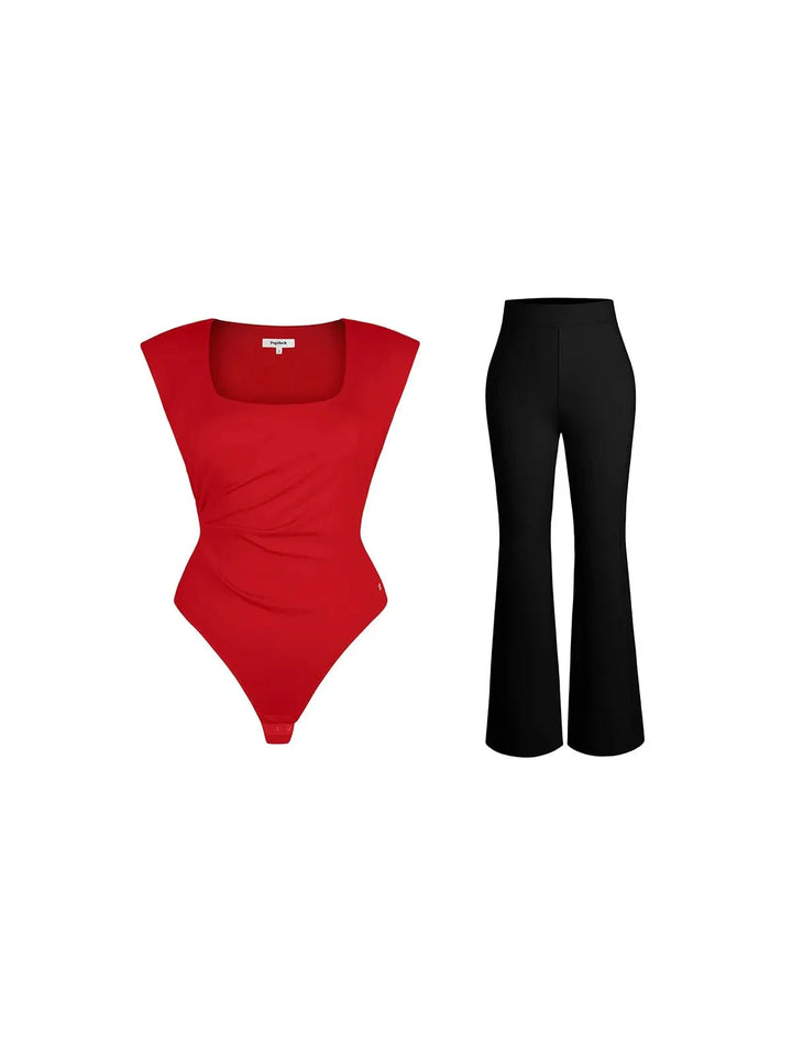 Shapewear Padded Shoulder Slimming Bodysuit Flare-Leg Pants Set - Modefluss