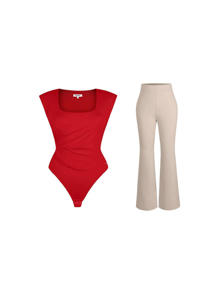 Shapewear Padded Shoulder Slimming Bodysuit Flare-Leg Pants Set - Modefluss