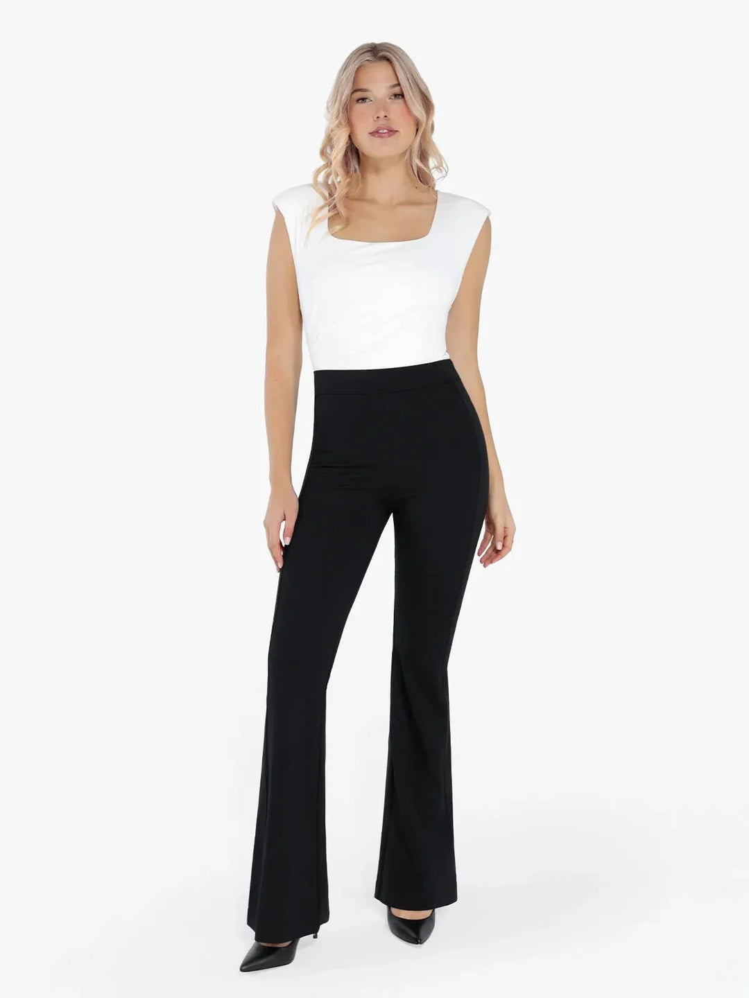 Shapewear Padded Shoulder Slimming Bodysuit Flare-Leg Pants Set - Modefluss
