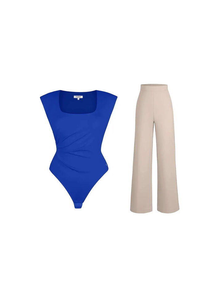 Shapewear Padded Shoulder Slimming Bodysuit Wide-Leg Pants Set