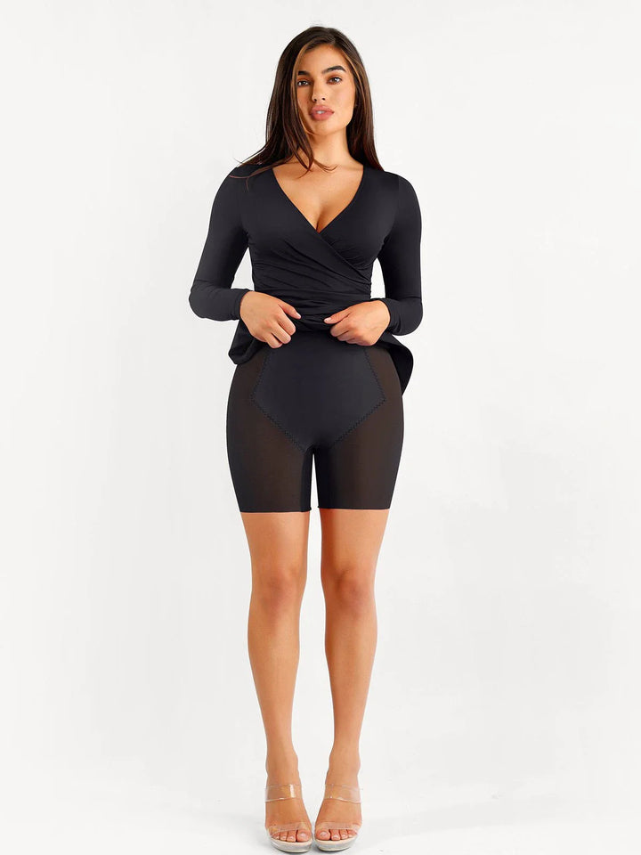 Shapewear Ruched Long Sleeve Faux Wrap Slimming Midi Dress - Modefluss