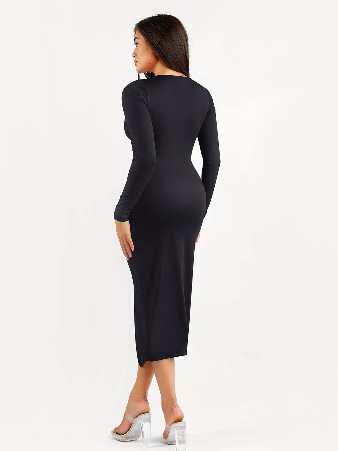 Shapewear Ruched Long Sleeve Faux Wrap Slimming Midi Dress - Modefluss