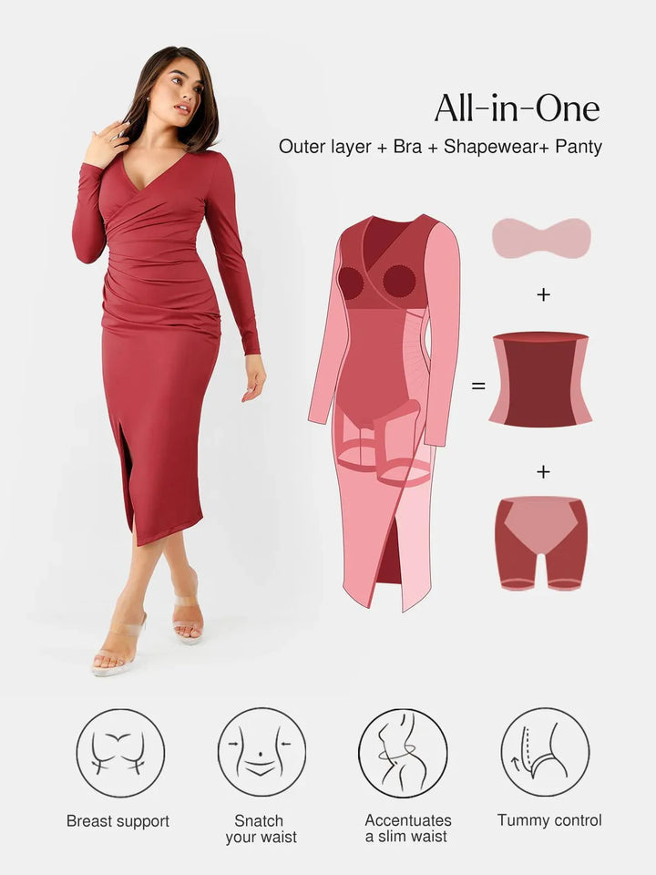Shapewear Ruched Long Sleeve Faux Wrap Slimming Midi Dress - Modefluss