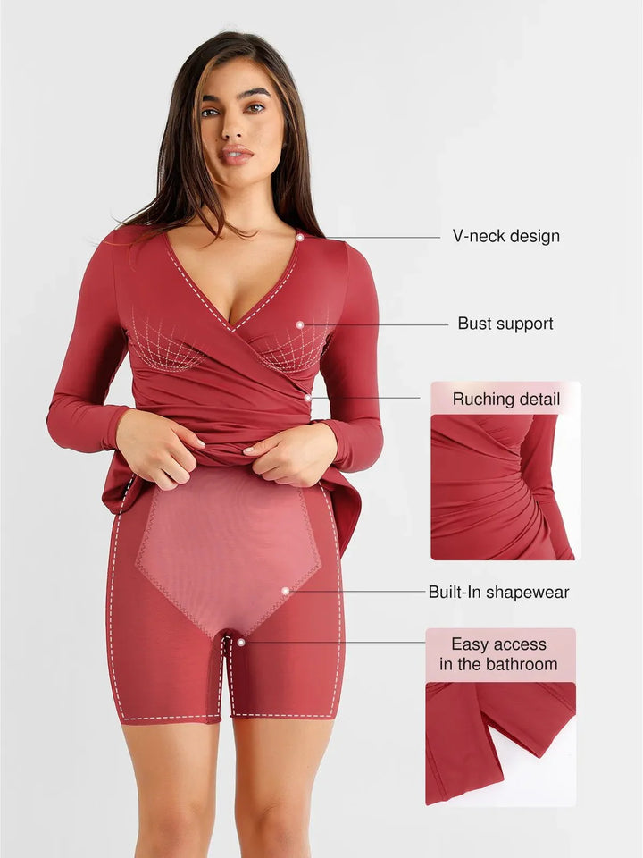 Shapewear Ruched Long Sleeve Faux Wrap Slimming Midi Dress - Modefluss