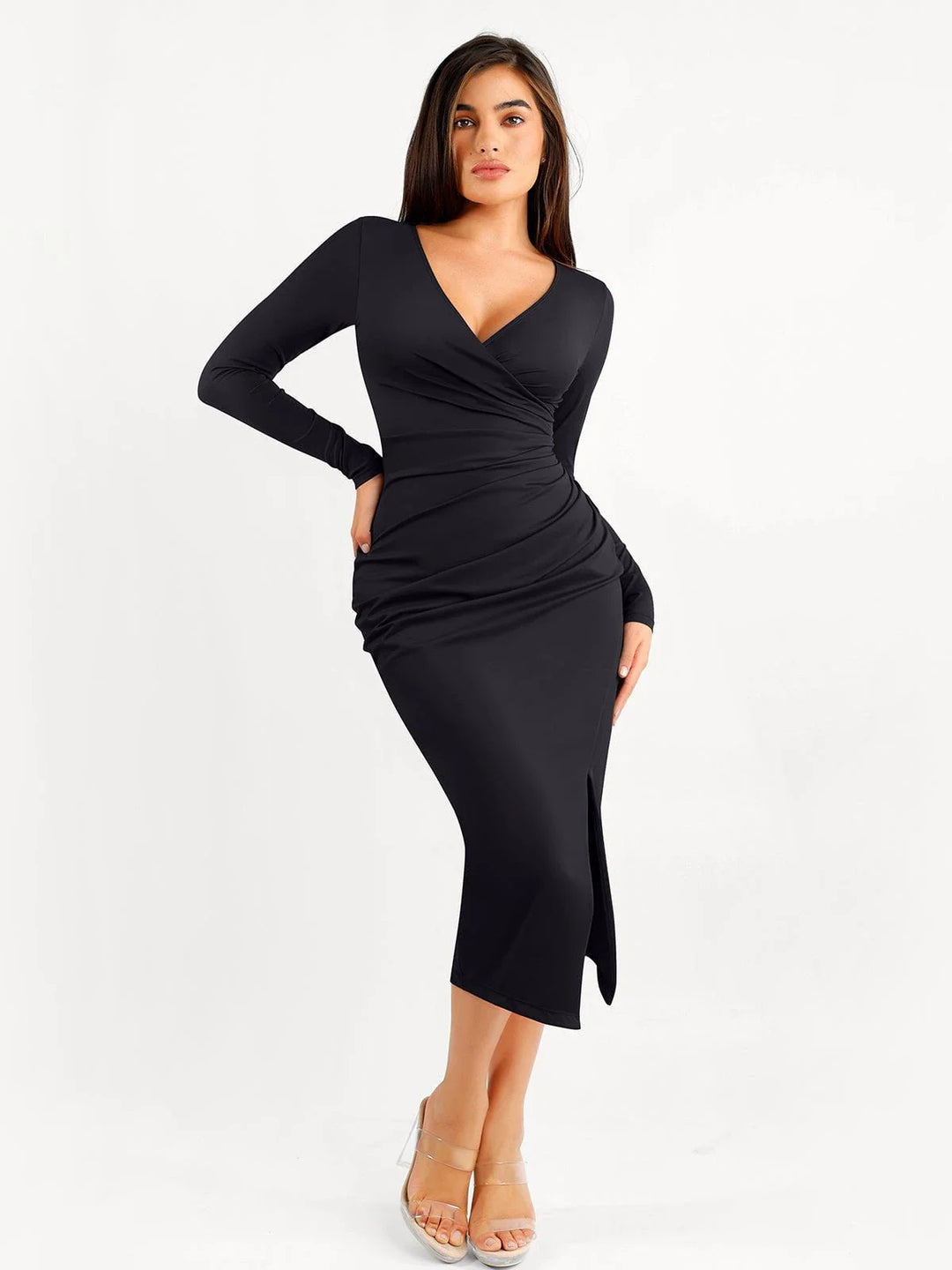 Shapewear Ruched Long Sleeve Faux Wrap Slimming Midi Dress - Modefluss