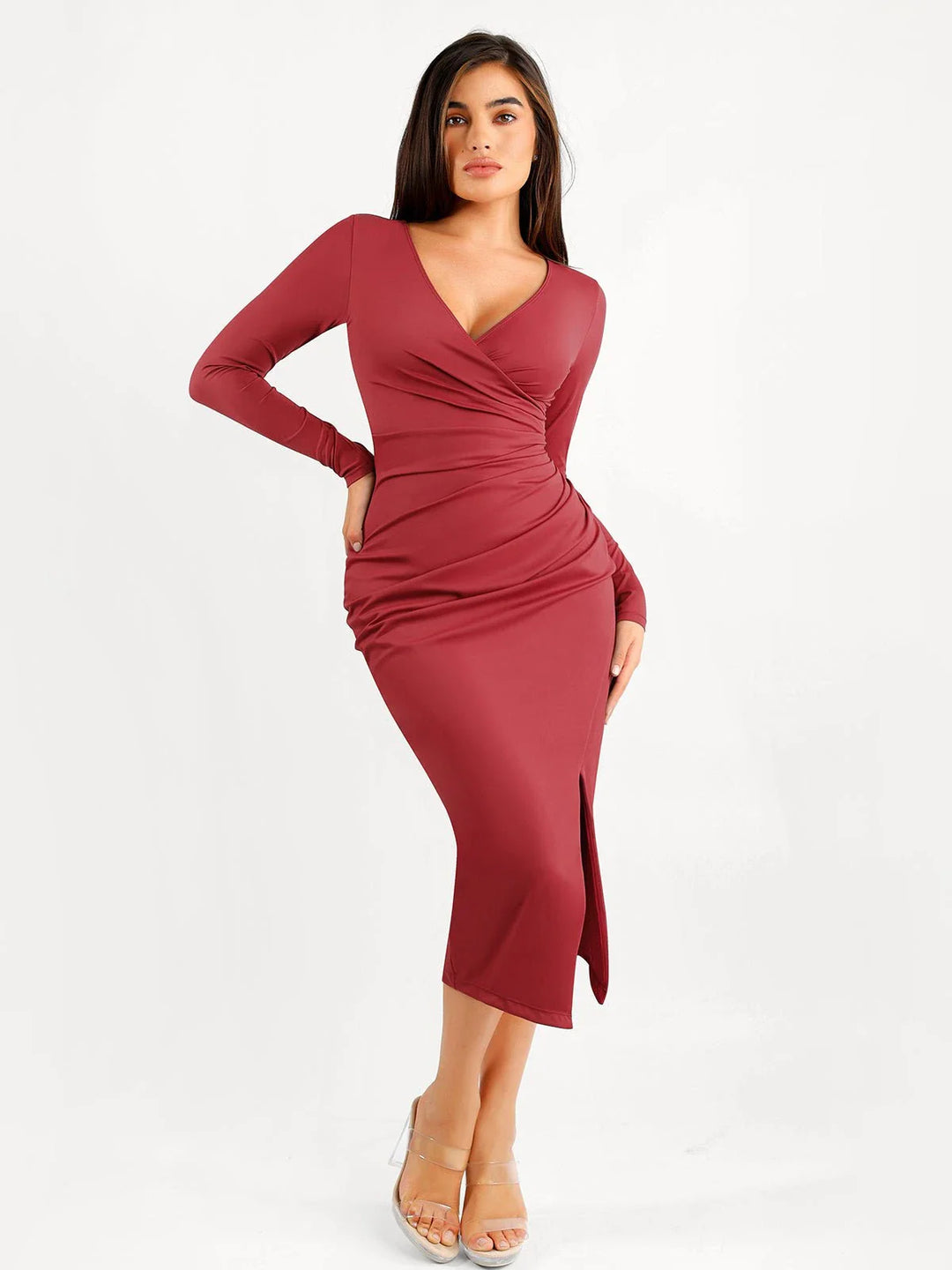 Shapewear Ruched Long Sleeve Faux Wrap Slimming Midi Dress - Modefluss