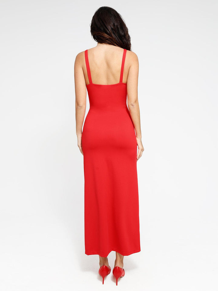 Shapewear Ruched Side Slit Slimming Maxi Slip Dress - Modefluss
