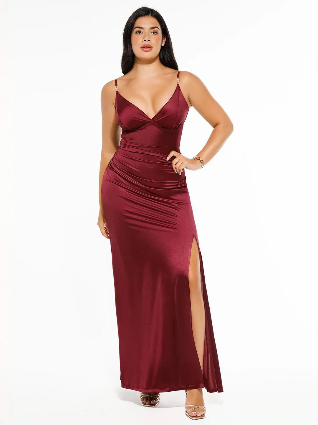 Shapewear Satin Deep-V Front Slit Maxi Dress - Modefluss