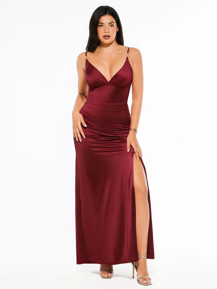 Shapewear Satin Deep-V Front Slit Maxi Dress - Modefluss