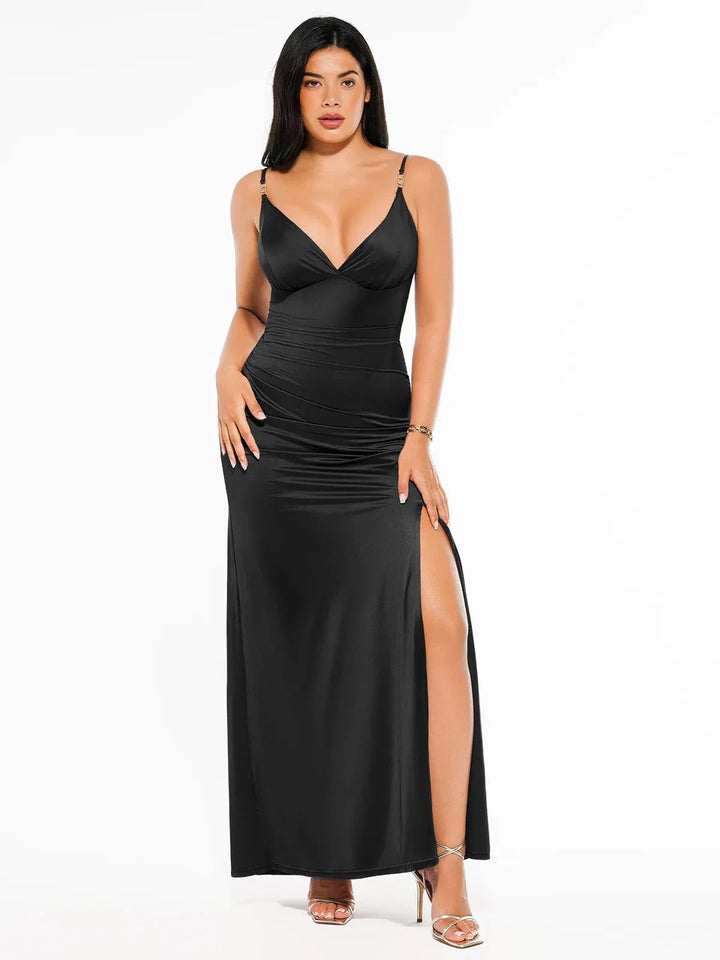 Shapewear Satin Deep-V Front Slit Maxi Dress - Modefluss
