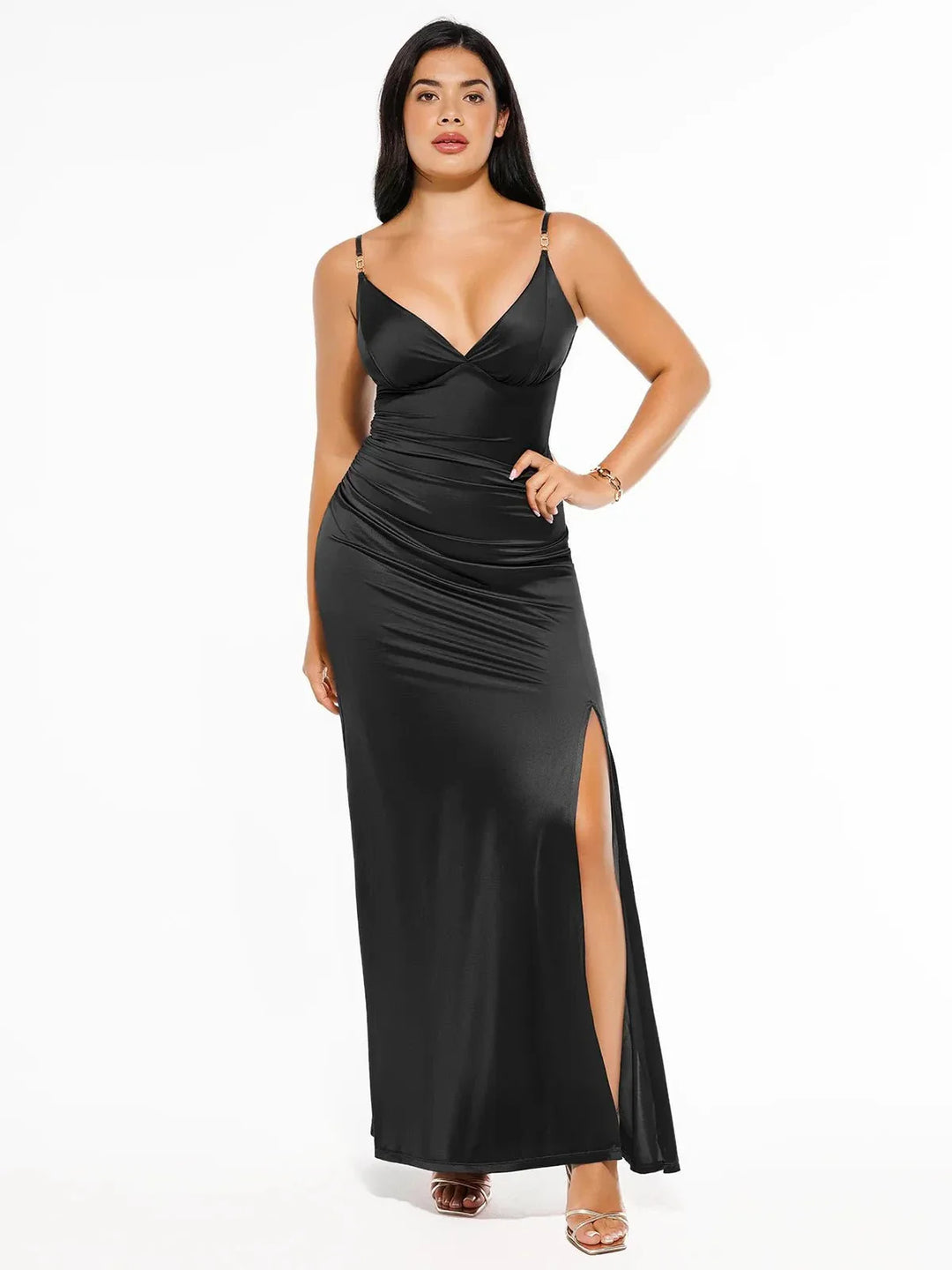 Shapewear Satin Deep-V Front Slit Maxi Dress - Modefluss