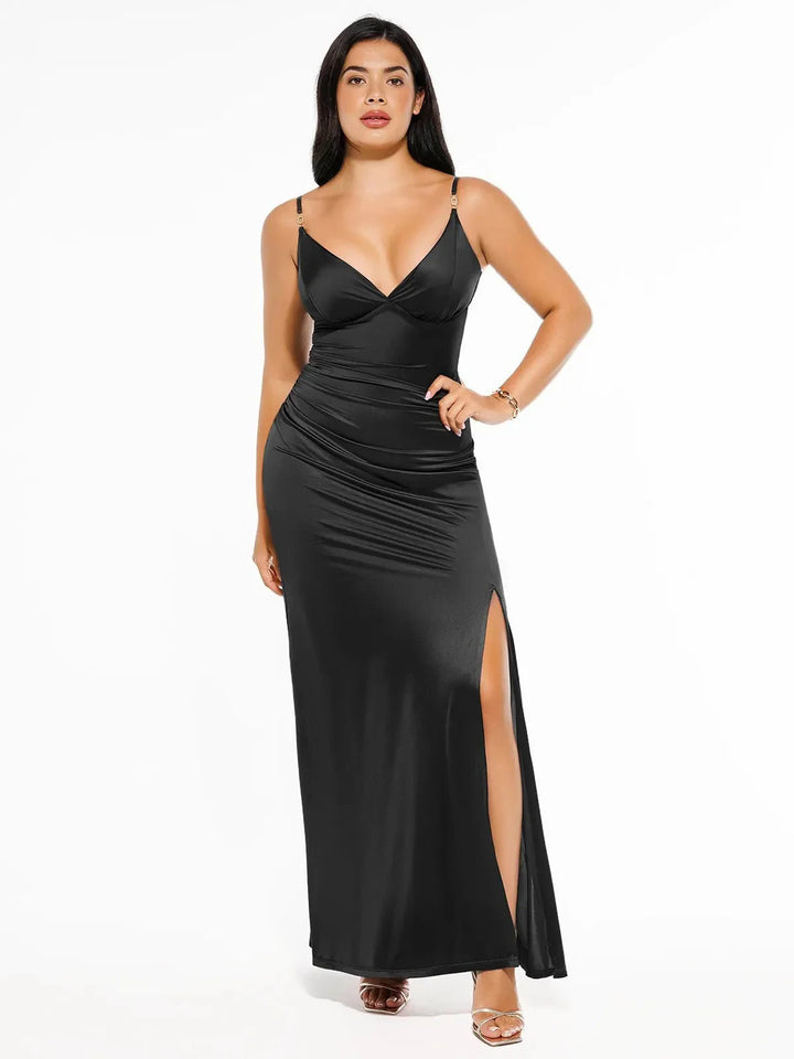 Shapewear Satin Deep-V Front Slit Maxi Dress - Modefluss