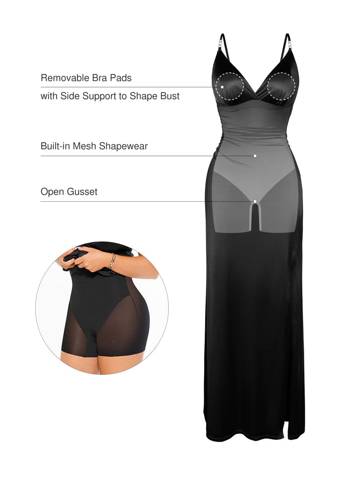 Shapewear Satin Deep-V Front Slit Maxi Dress - Modefluss