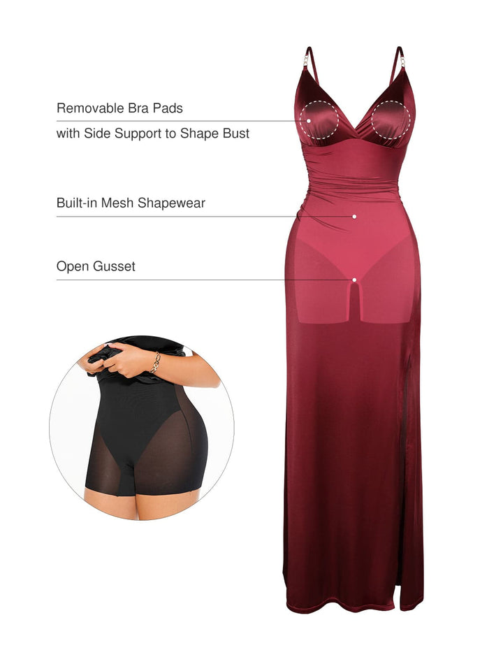 Shapewear Satin Deep-V Front Slit Maxi Dress - Modefluss