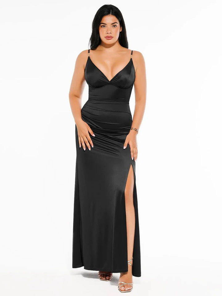 Shapewear Satin Deep-V Front Slit Maxi Dress - Modefluss