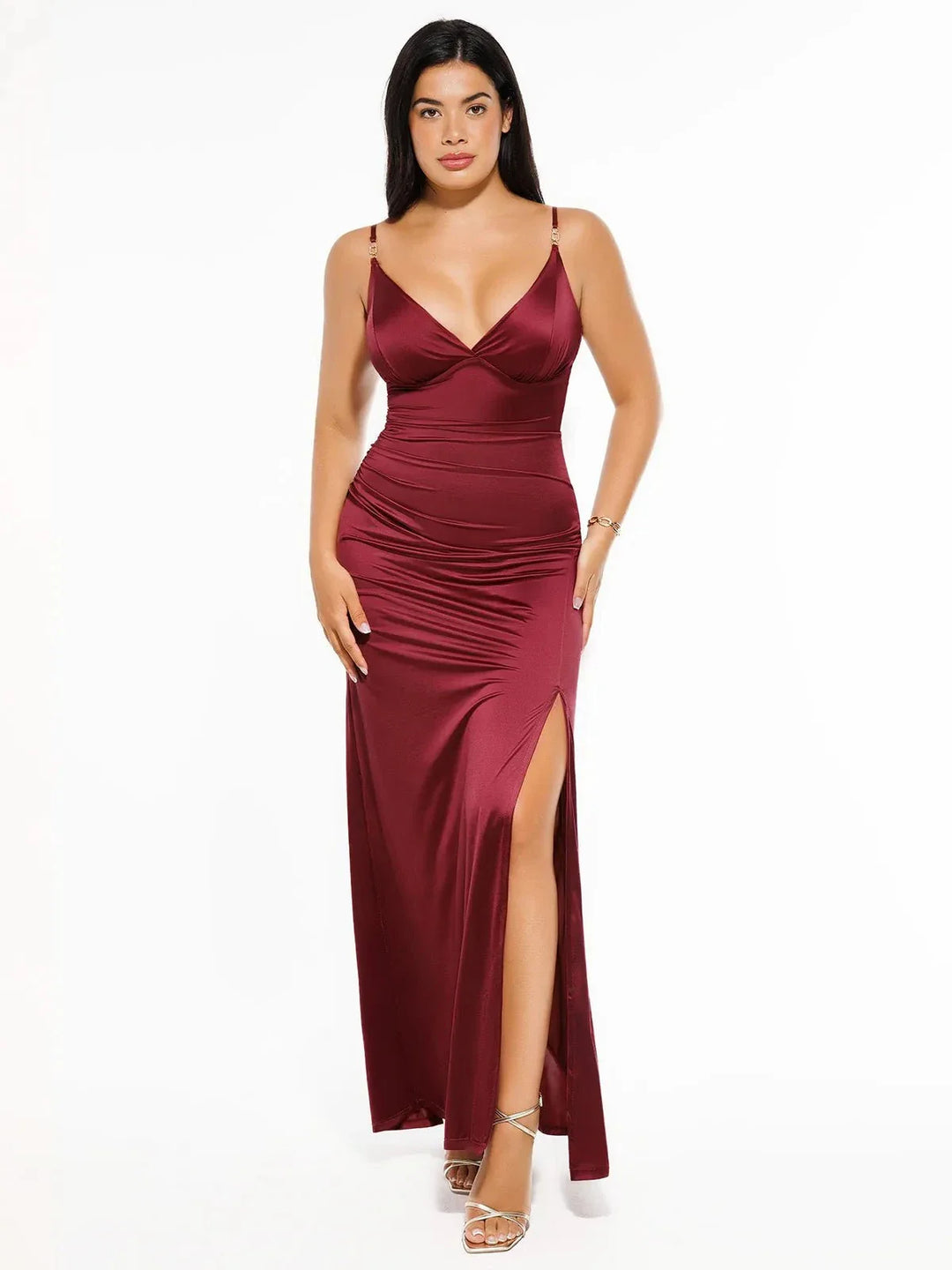 Shapewear Satin Deep-V Front Slit Maxi Dress - Modefluss