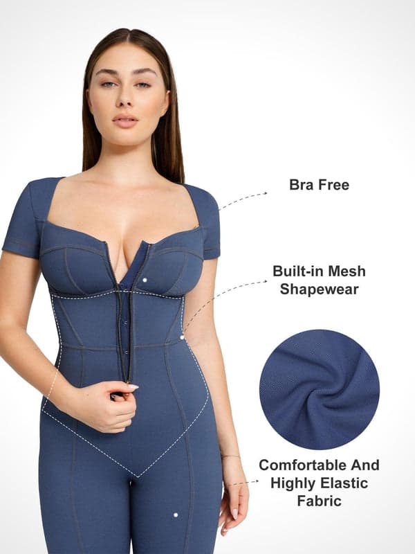 Shapewear Sculpting Denim Tank Flare Leg Jumpsuit - Modefluss