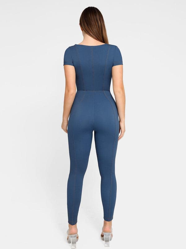Shapewear Sculpting Denim Tank Flare Leg Jumpsuit - Modefluss