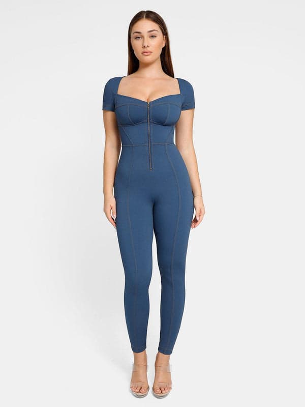 Shapewear Sculpting Denim Tank Flare Leg Jumpsuit - Modefluss