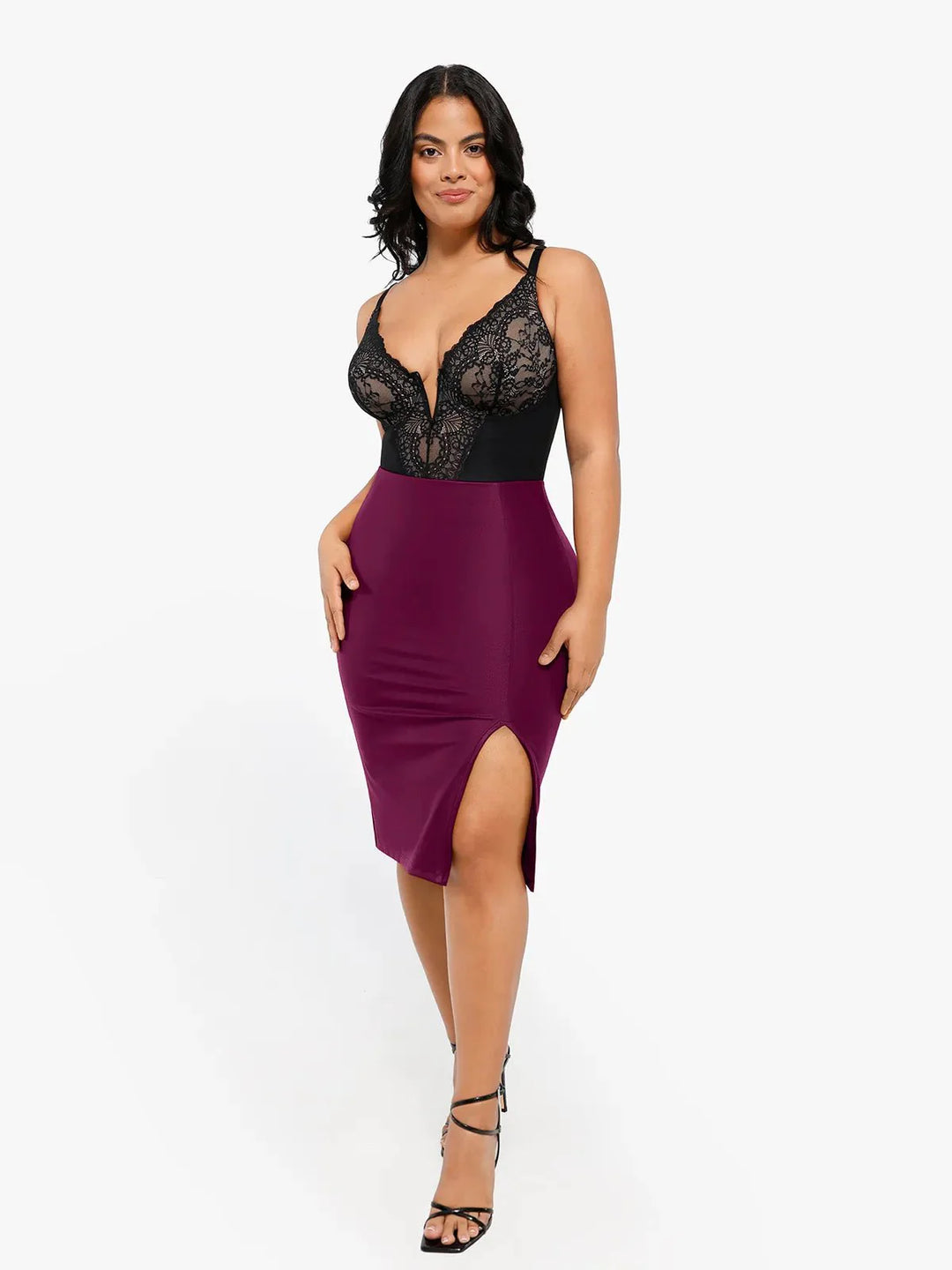 Shapewear Sculpting Faux Leather Front Slit Midi Skirt - Modefluss