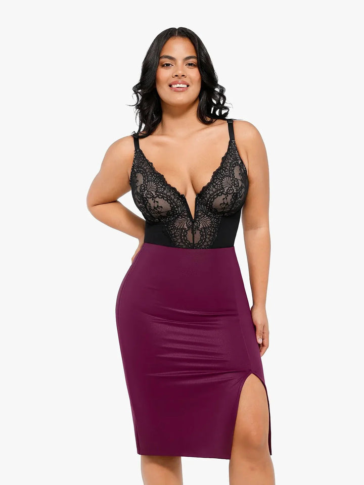 Shapewear Sculpting Faux Leather Front Slit Midi Skirt - Modefluss