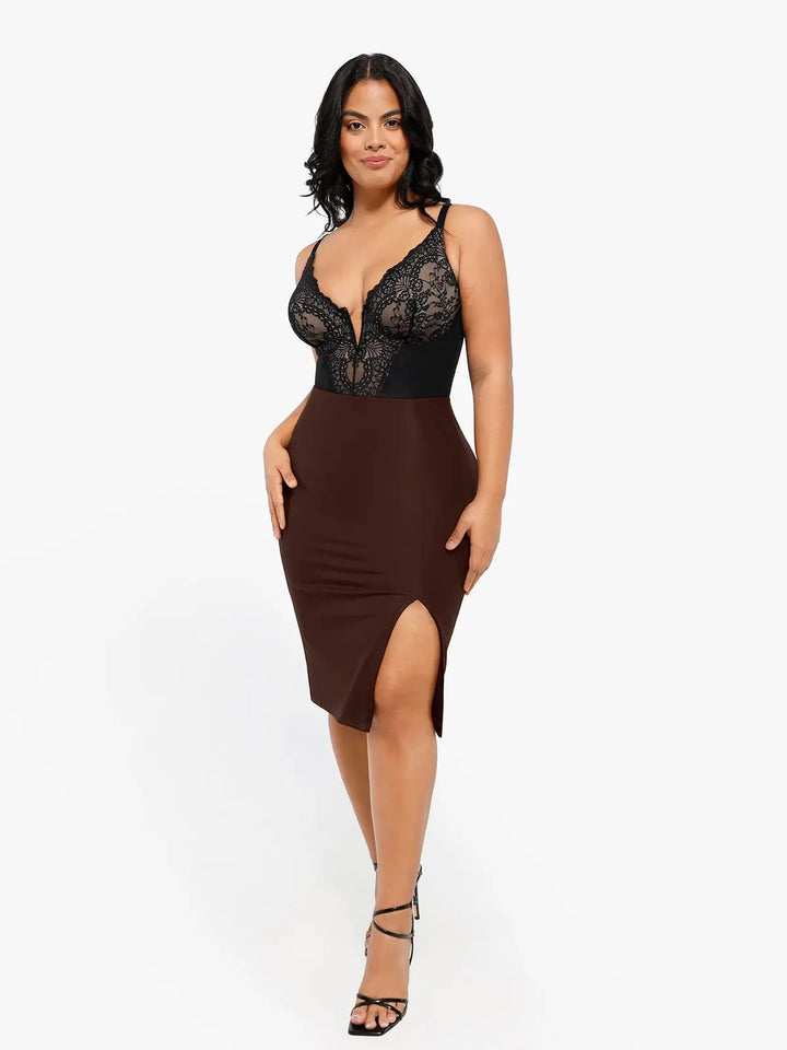 Shapewear Sculpting Faux Leather Front Slit Midi Skirt - Modefluss