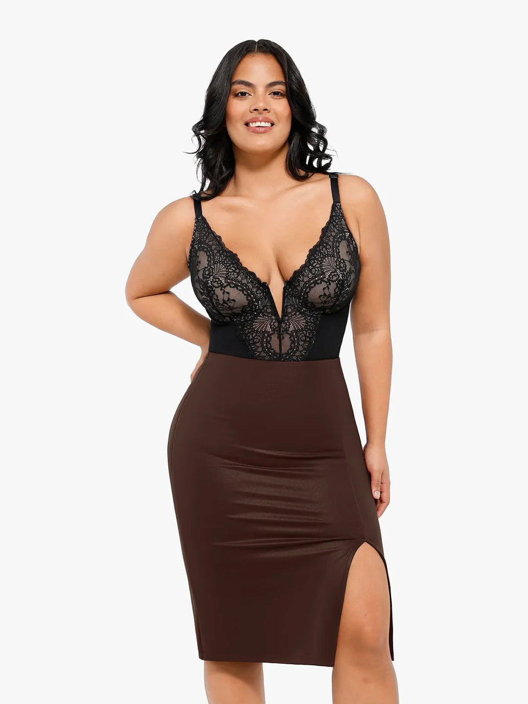 Shapewear Sculpting Faux Leather Front Slit Midi Skirt - Modefluss